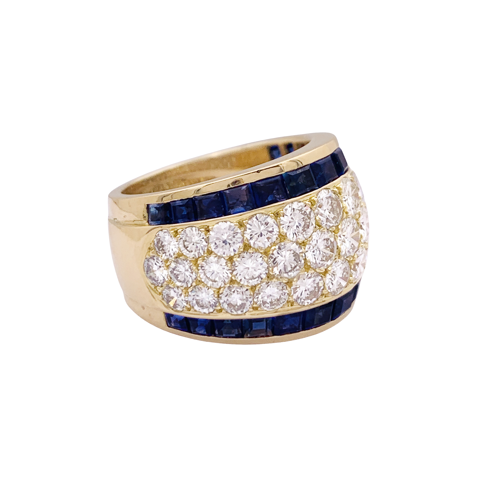 Bague vintage or jaune, diamants, saphirs calibrés.