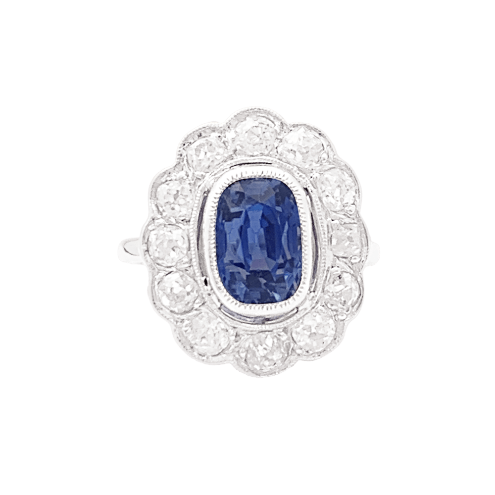 Bague pompadour platine, saphir et diamants.
