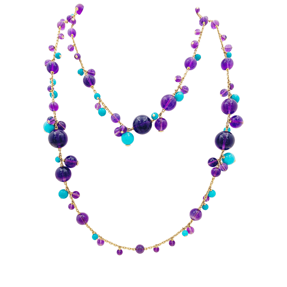 Sautoir Cartier, "Délices de Goa", or rose, améthystes, turquoises et diamants. - Maison Eloe