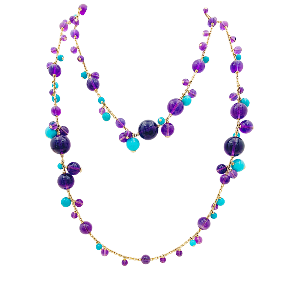 Sautoir Cartier, "Délices de Goa", or rose, améthystes, turquoises et diamants.