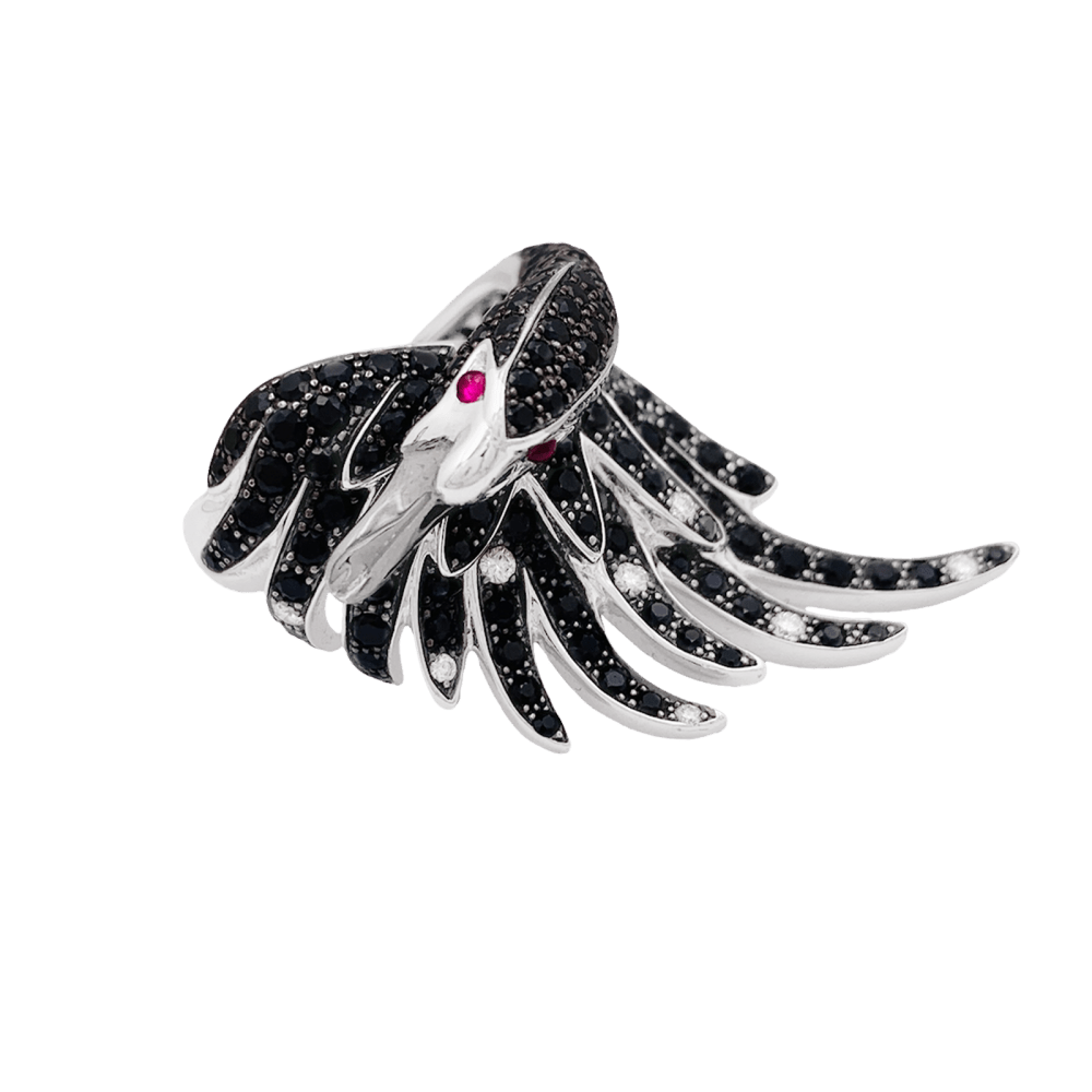 Bague Boucheron, "Animaux de Collection : "Cypris, le Cygne", or blanc, saphirs, diamants, rubis.