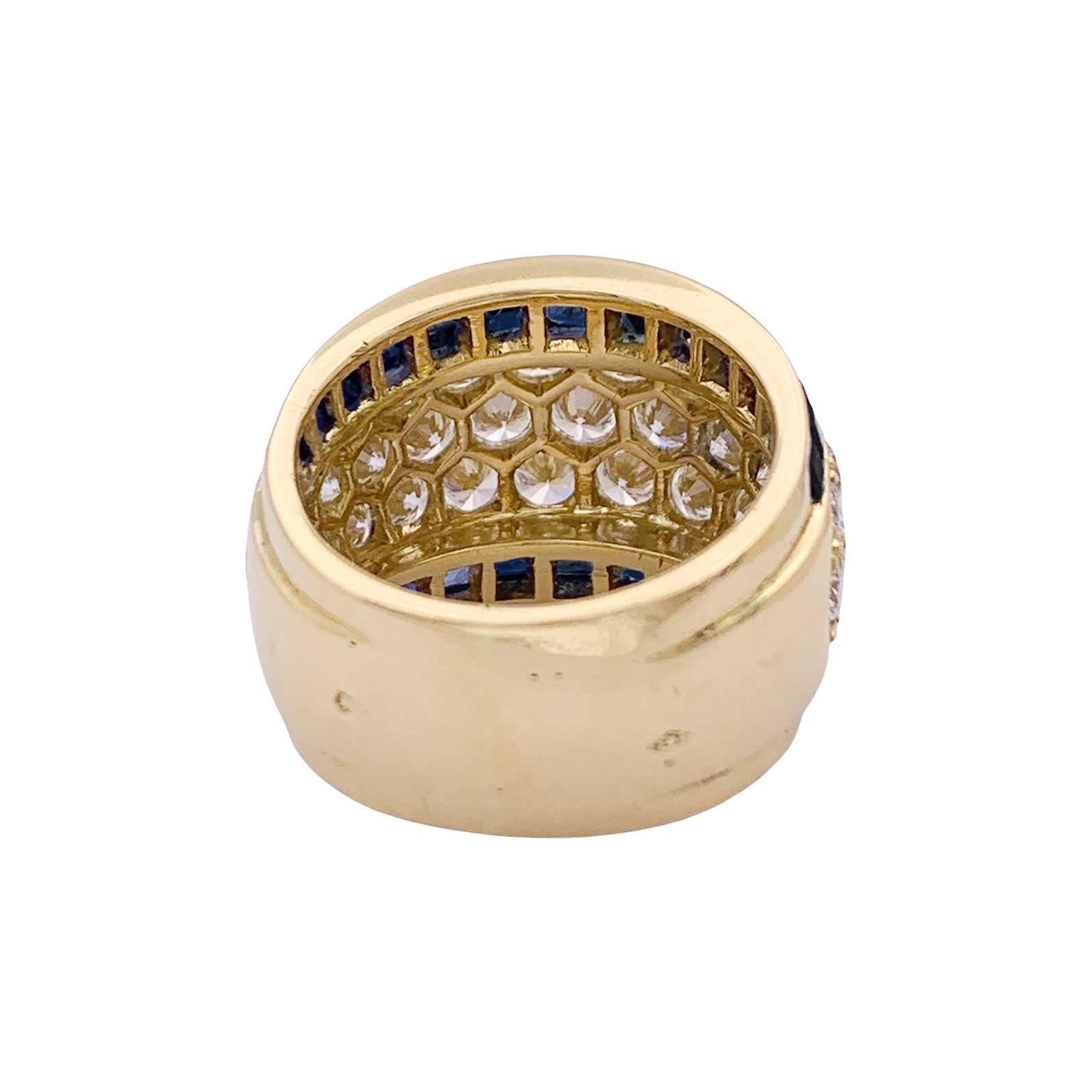 Bague vintage or jaune, diamants, saphirs calibrés.