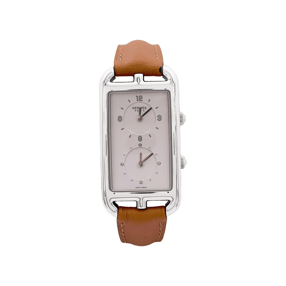 Montre Hermès, "Nantucket Dual Time", acier, cuir, diamants.