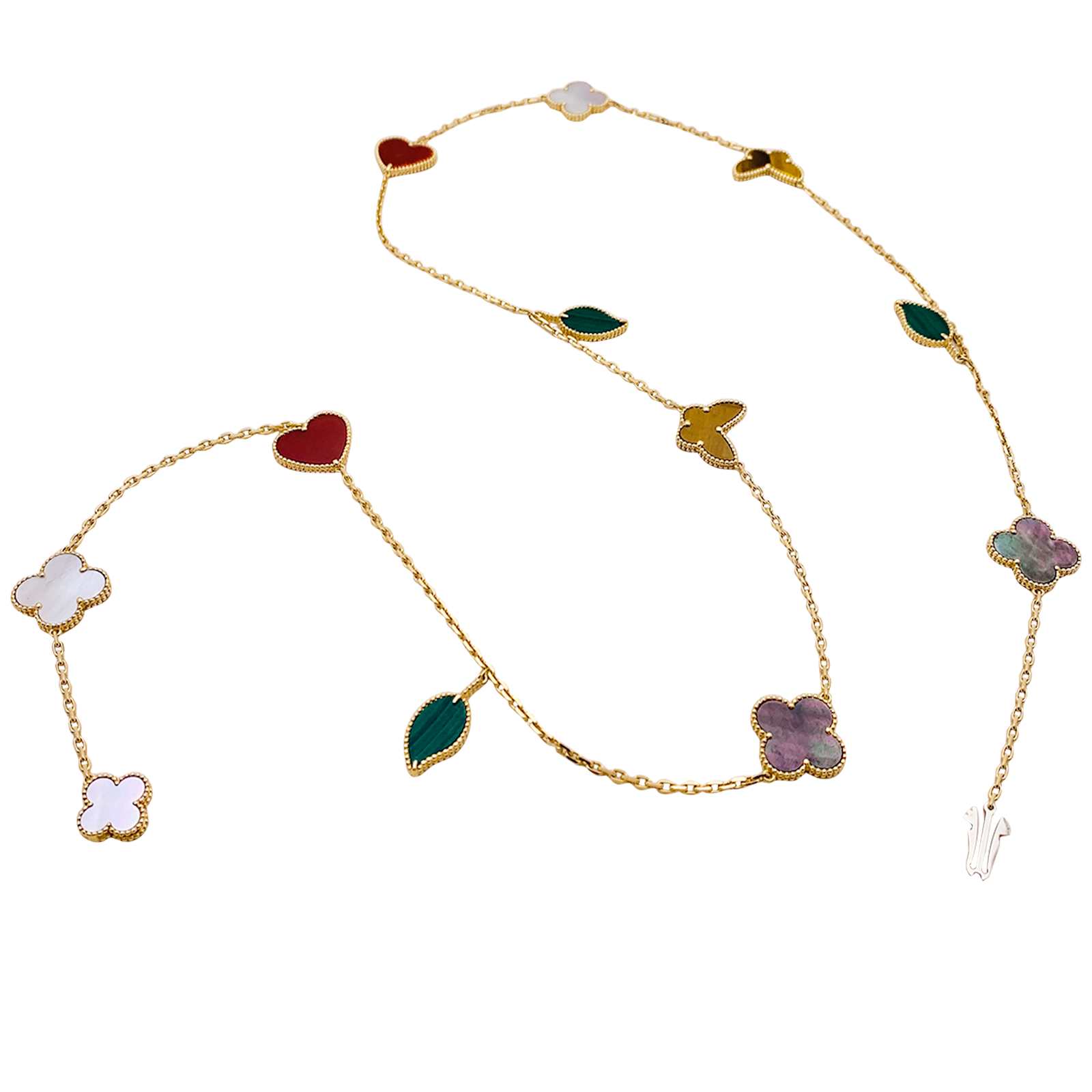 Collier-Sautoir Van Cleef & Arpels, "Lucky Alhambra", or jaune, cornaline, malachite, oeil de tigre, nacre.
