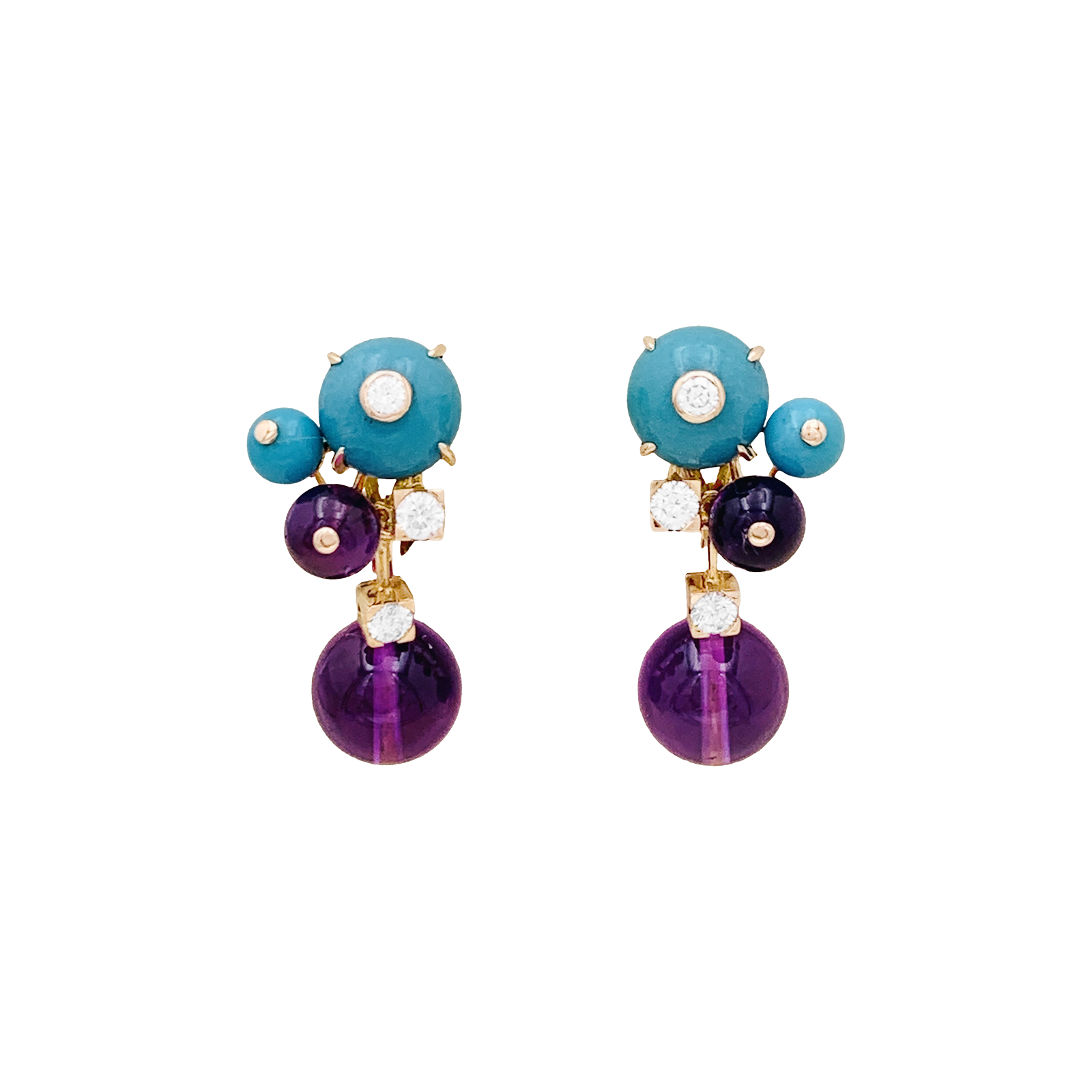 Boucles d'oreilles Cartier "Délices de Goa" en or rose, améthystes, diamants et turquoises.
