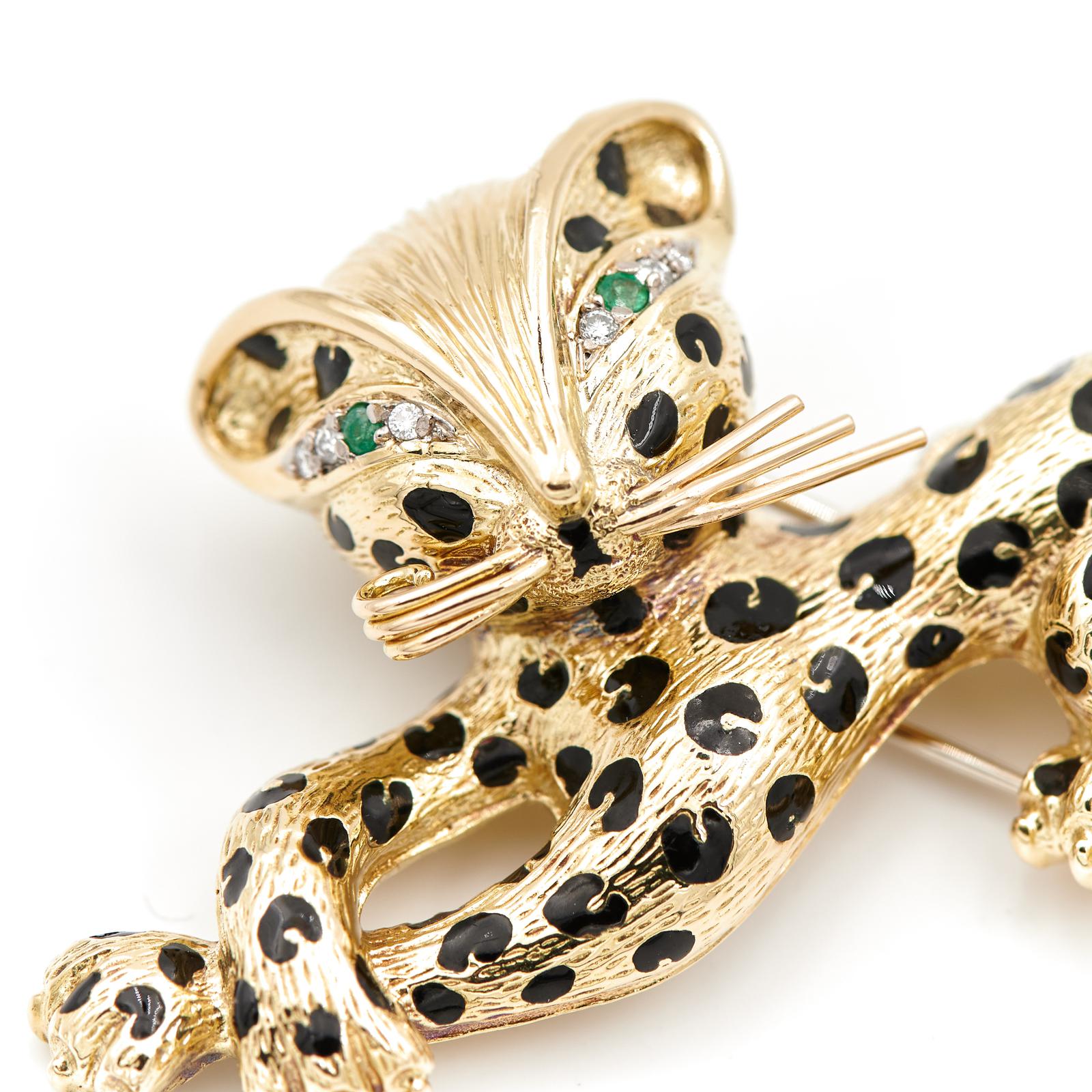 Fred Panther Brooch Yellow Gold, Enamel Diamond
