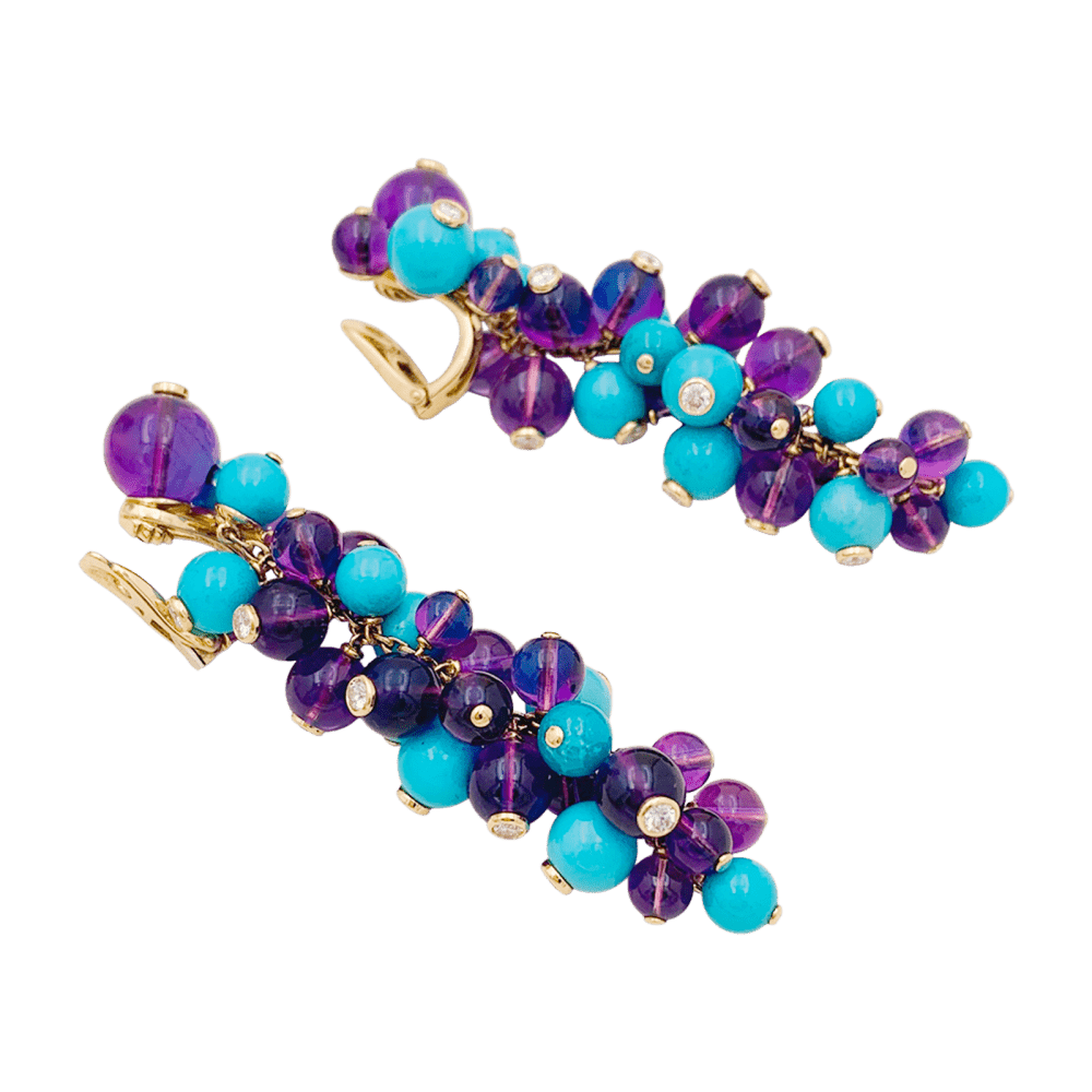 Boucles d'oreilles Cartier, "Délices de Goa", or rose, améthystes, turquoises et diamants. - Maison Eloe