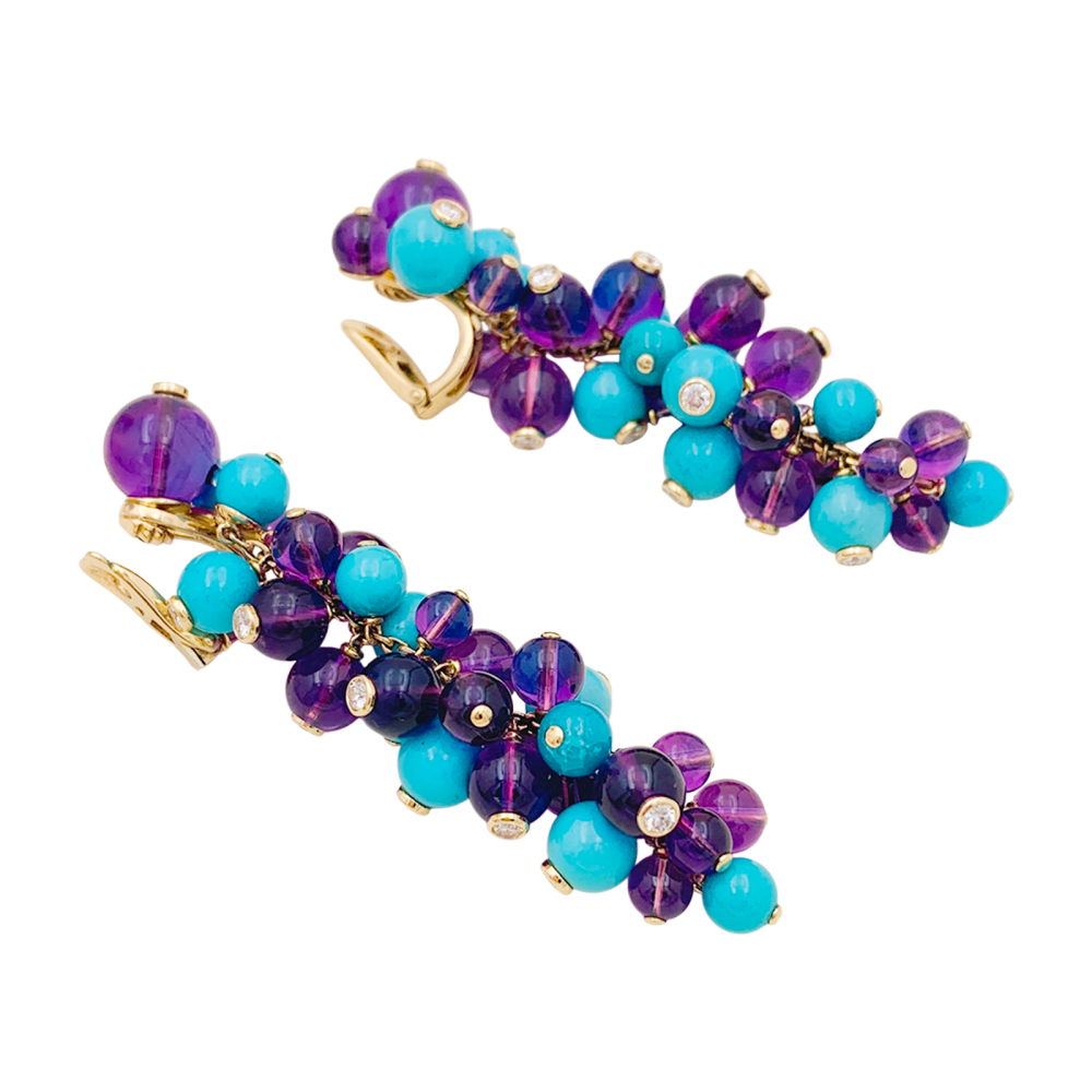 Boucles d'oreilles Cartier, "Délices de Goa", or rose, améthystes, turquoises et diamants.