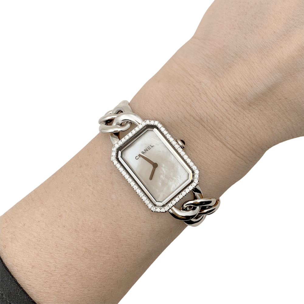 Montre-Chanel-Première-chaine-acier-nacre-diamants-vintage-garantie-certifiee-maison-eloe
