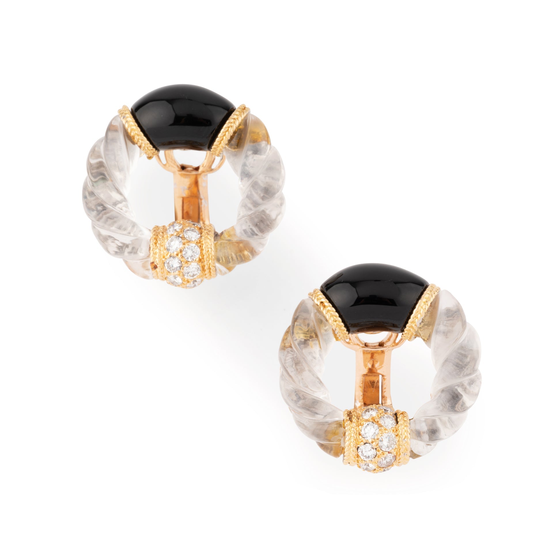 Boucle d'oreilles Boucheron en or jaune, onyx, cristal de roche et diamants