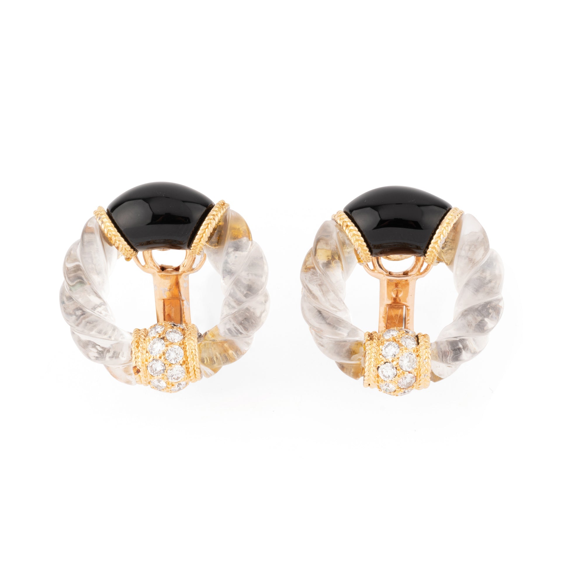 Boucle d'oreilles Boucheron en or jaune, onyx, cristal de roche et diamants