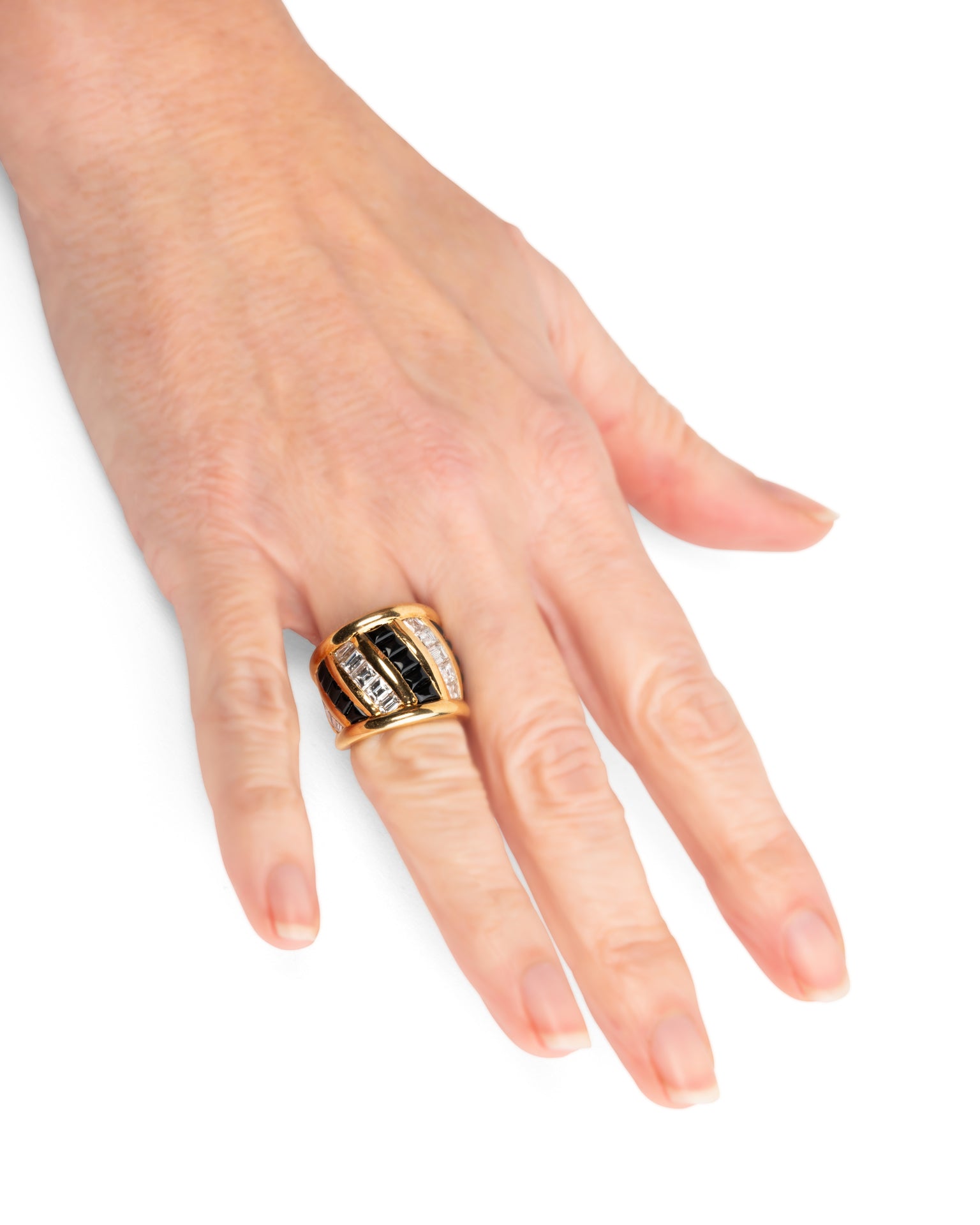 Bague Verney vintage Jonc ouvert Diamants Onyx Or jaune