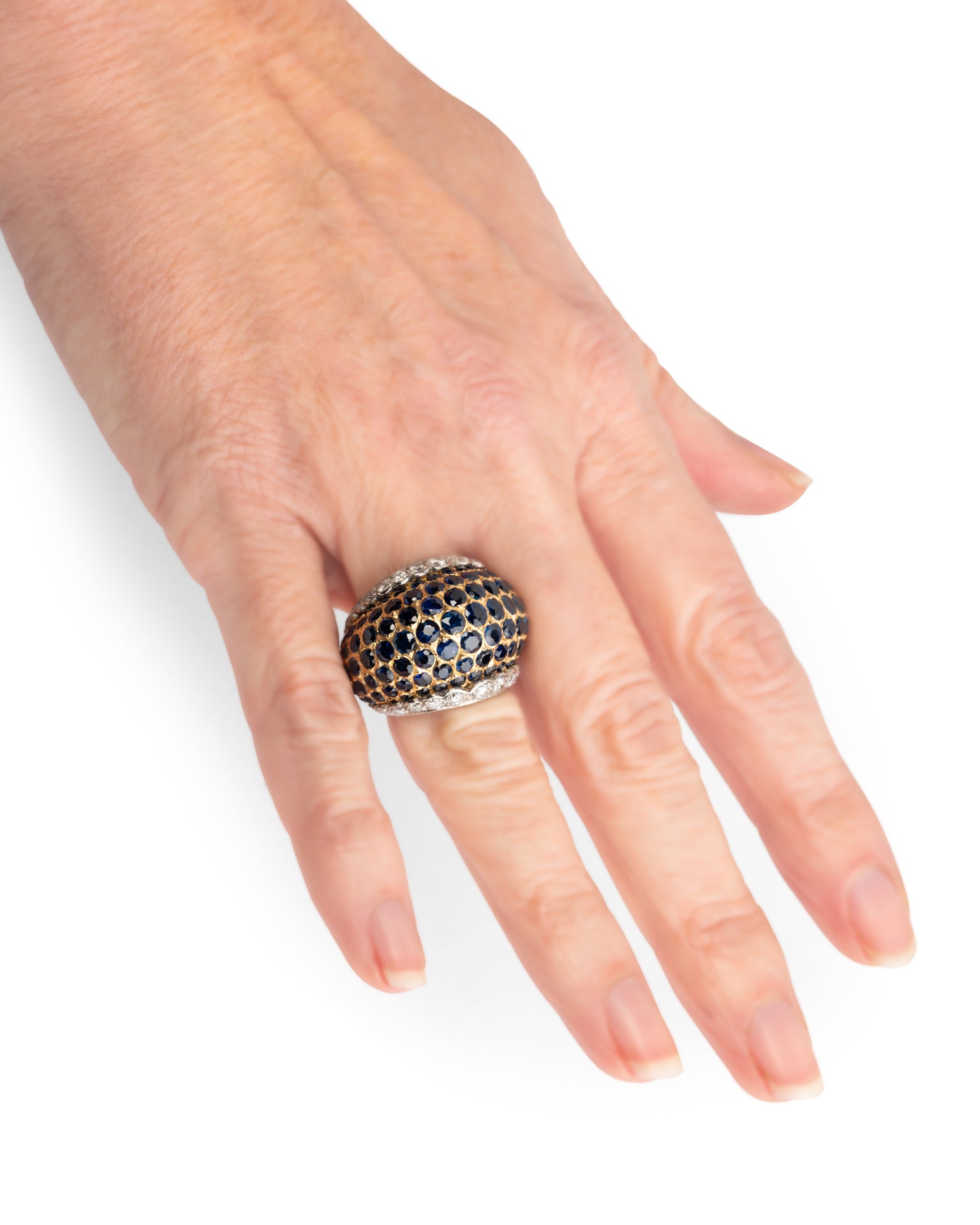 Bague Boule pavée Diamants Saphirs Or Blanc et Jaune Vintage