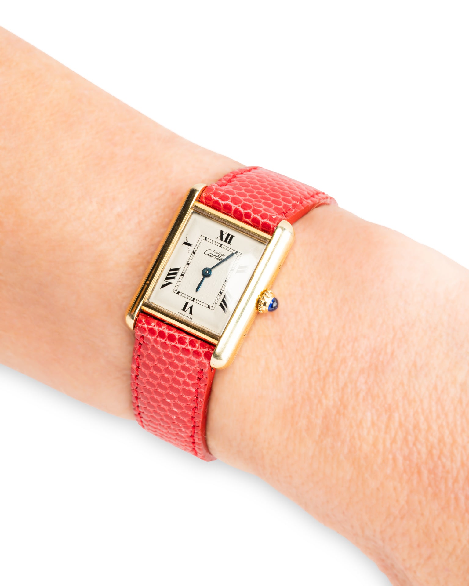 Cartier, Montre Tank Must Vintage Vermeil sur cuir rouge