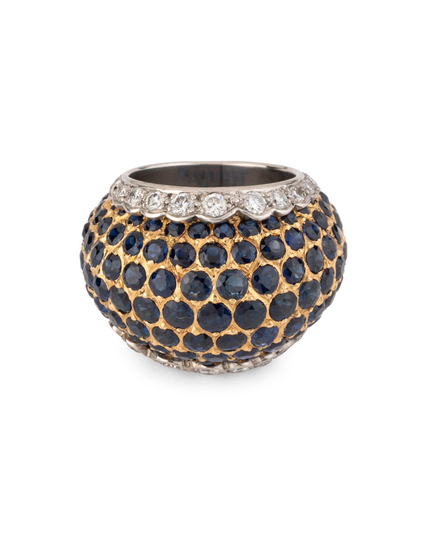 Bague Boule pavée Diamants Saphirs Or Blanc et Jaune Vintage