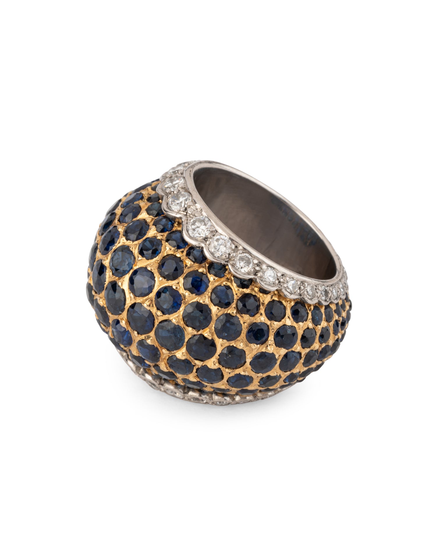 Bague Boule pavée Diamants Saphirs Or Blanc et Jaune Vintage