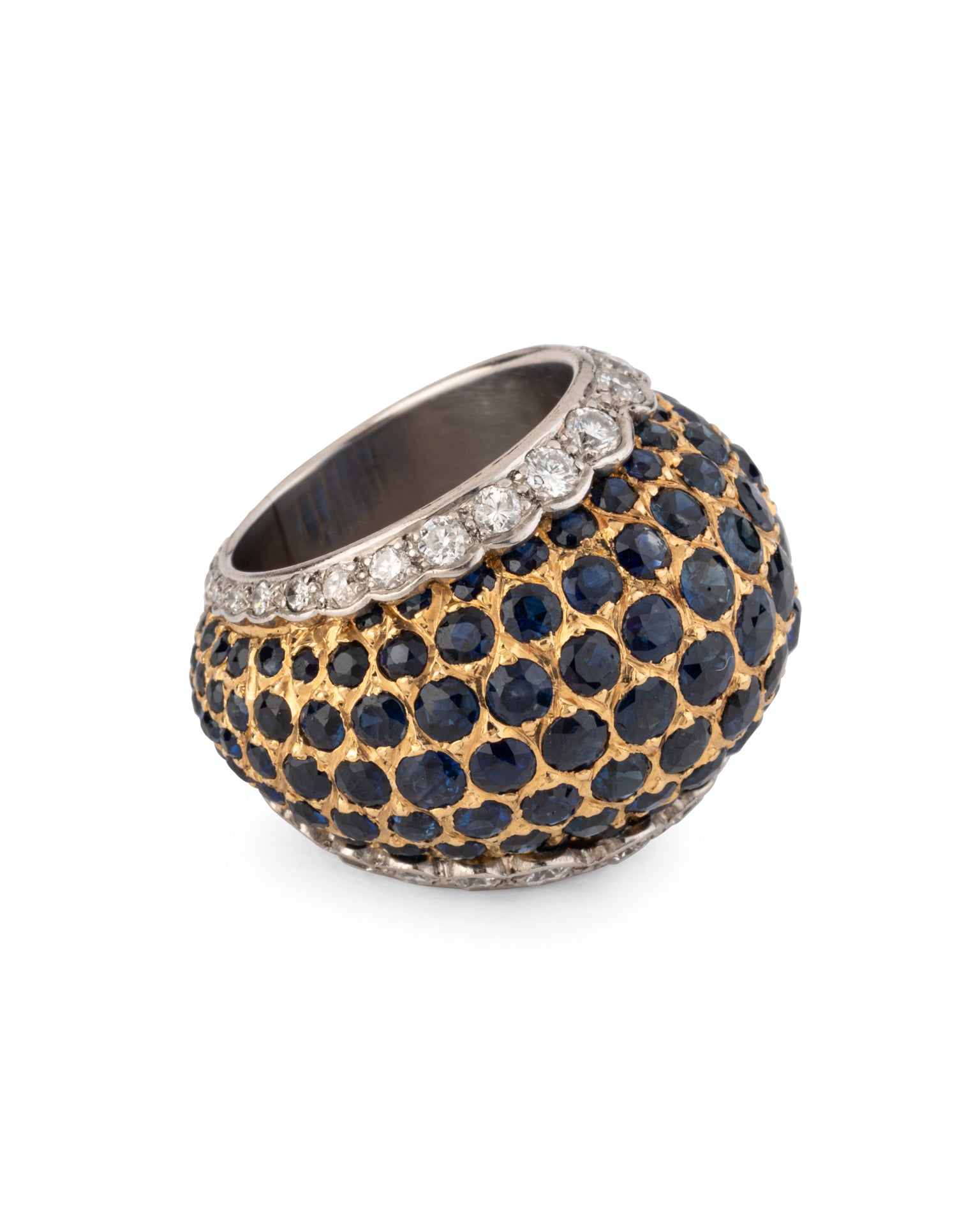 Bague Boule pavée Diamants Saphirs Or Blanc et Jaune Vintage