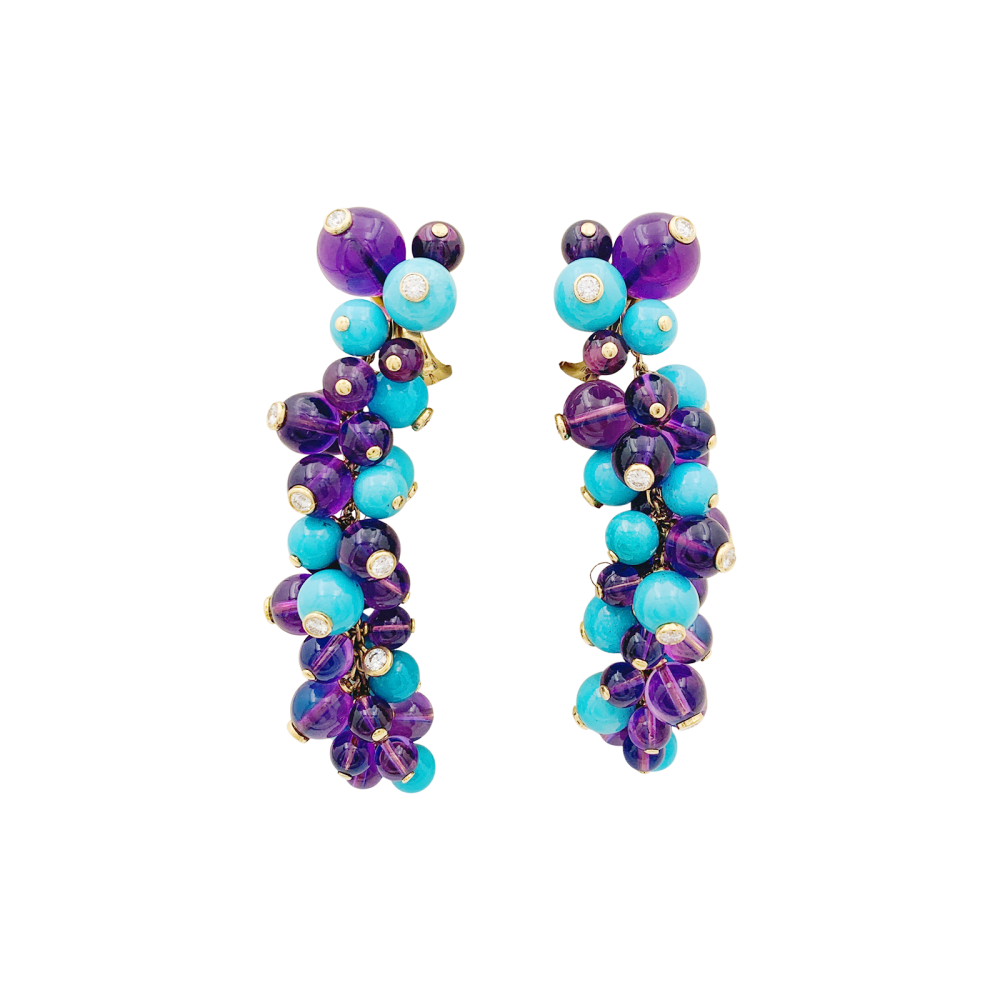 Boucles d'oreilles Cartier, "Délices de Goa", or rose, améthystes, turquoises et diamants.