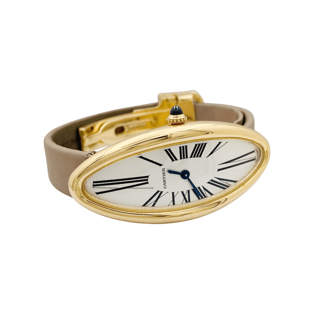 Montre Cartier, "Baignoire Allongée", or rose, cuir.