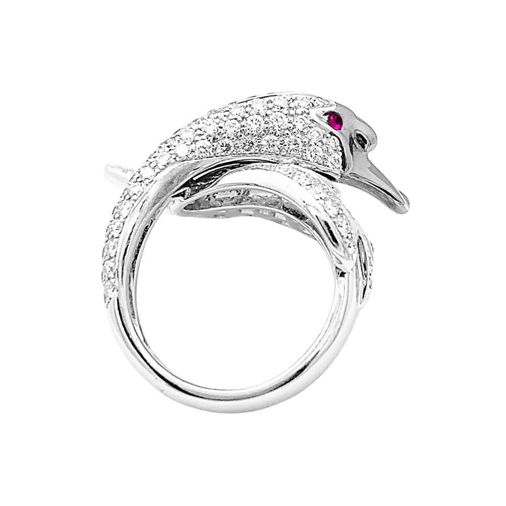 Bague Boucheron, "Animaux de Collection : "Cypris, le Cygne", or blanc, diamants, rubis.