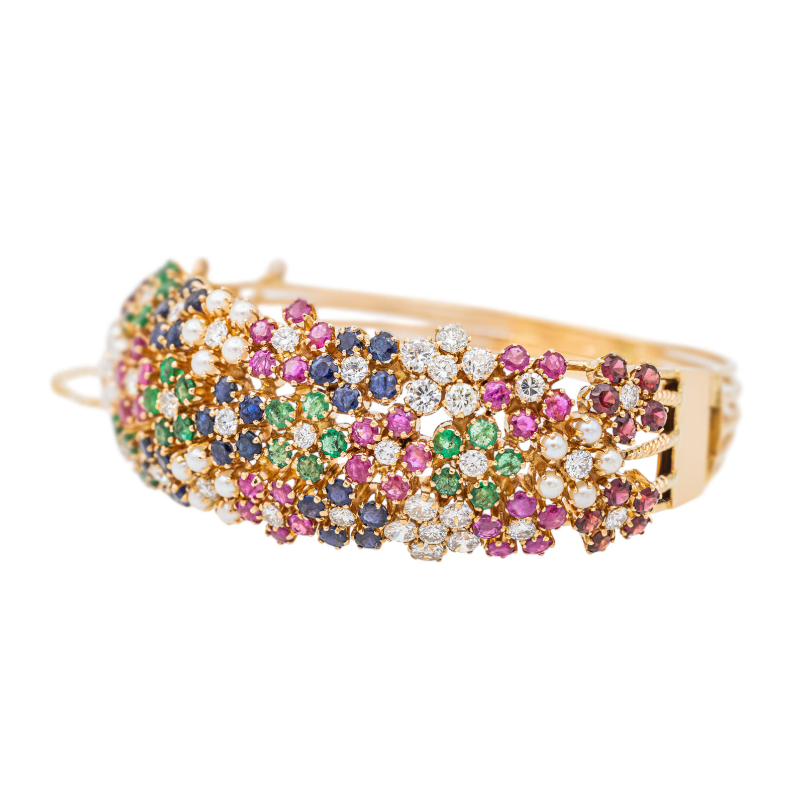 Bracelet Manchette Or jaune Diamant, Emeraude, Rubis