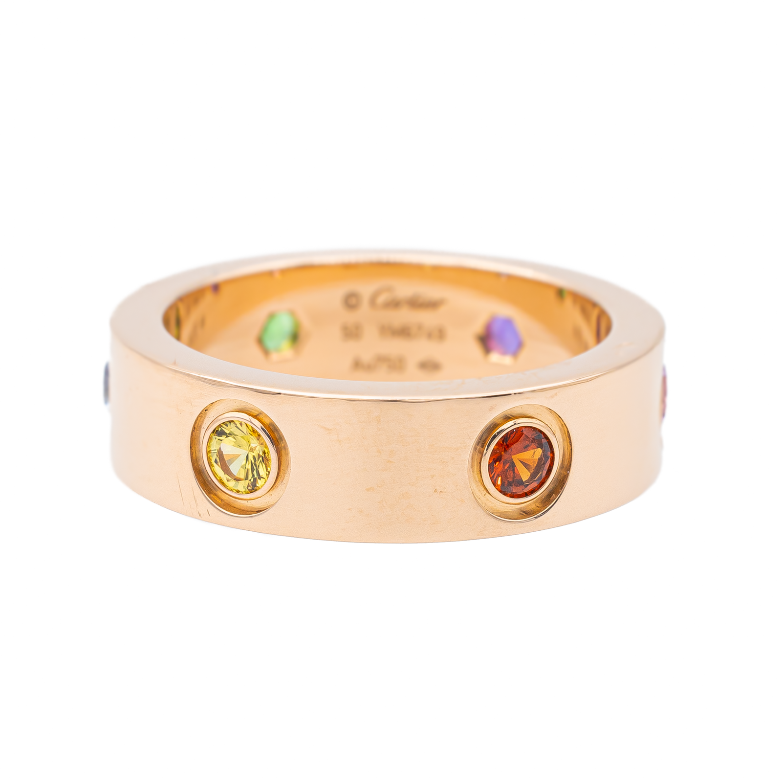 Cartier Bague Love Or rose Saphir, Grenat, Améthyste, occasion authentifiée en ateier, vendue full set