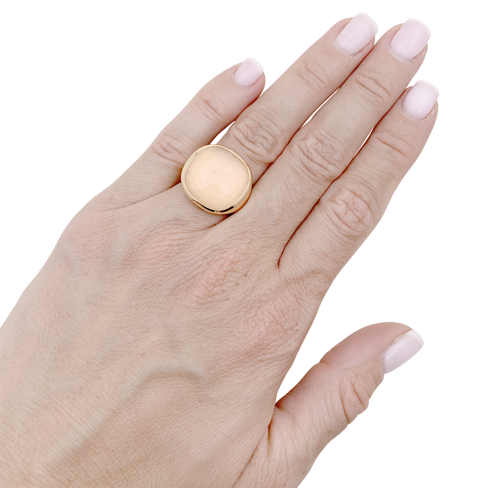 Bague Pomellato "Cipria" en or rose et quartz rose.