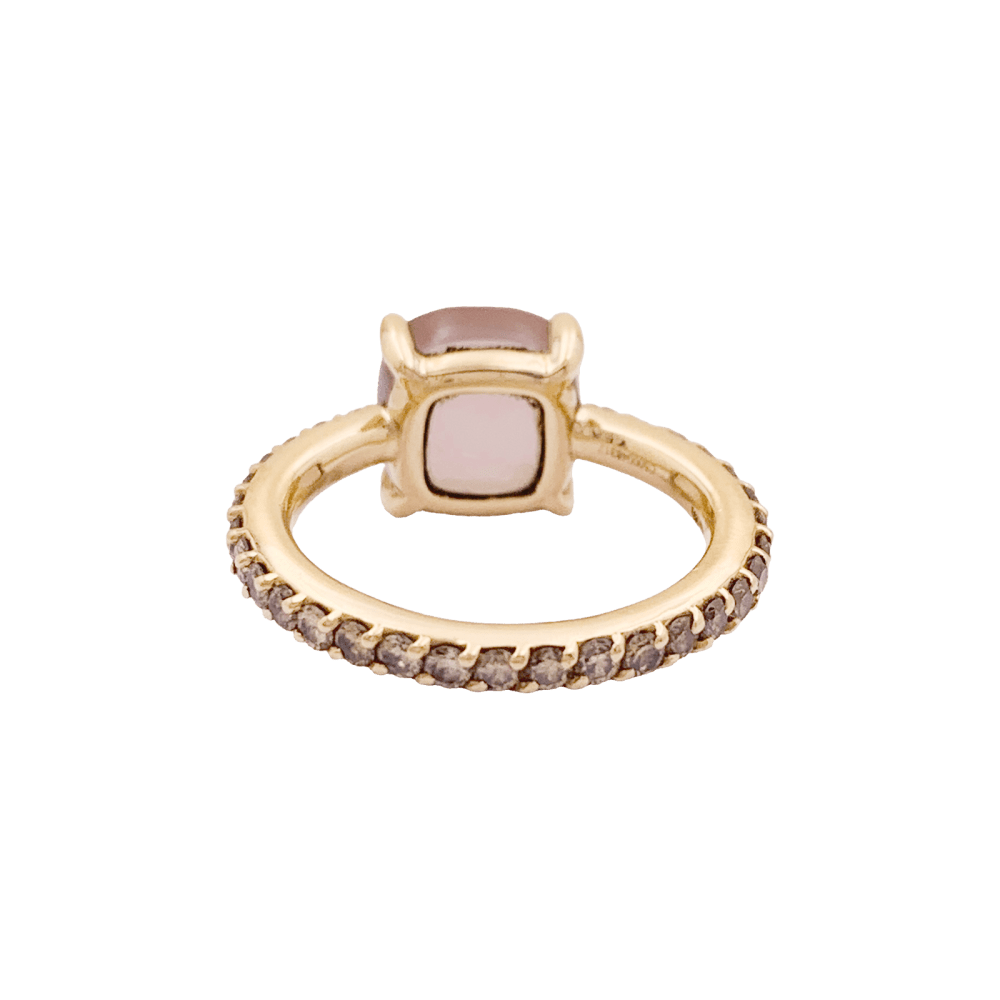 Bague Pomellato, "Baby" or rose, quartz rose et diamants bruns.