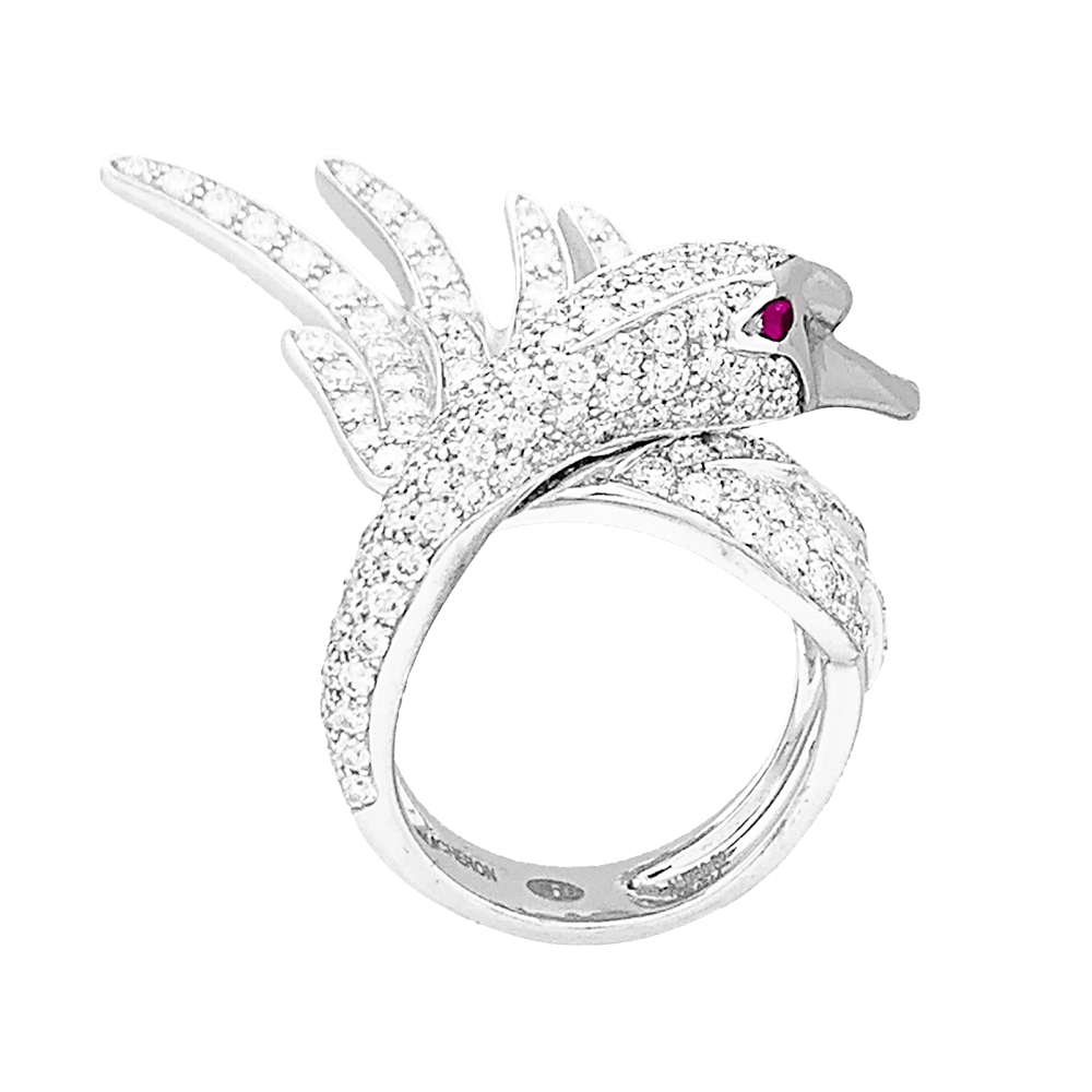Bague Boucheron, "Animaux de Collection : "Cypris, le Cygne", or blanc, diamants, rubis.