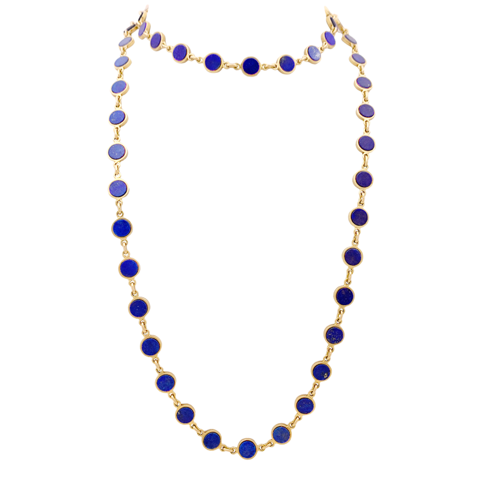 Sautoir or jaune et lapis-lazuli.