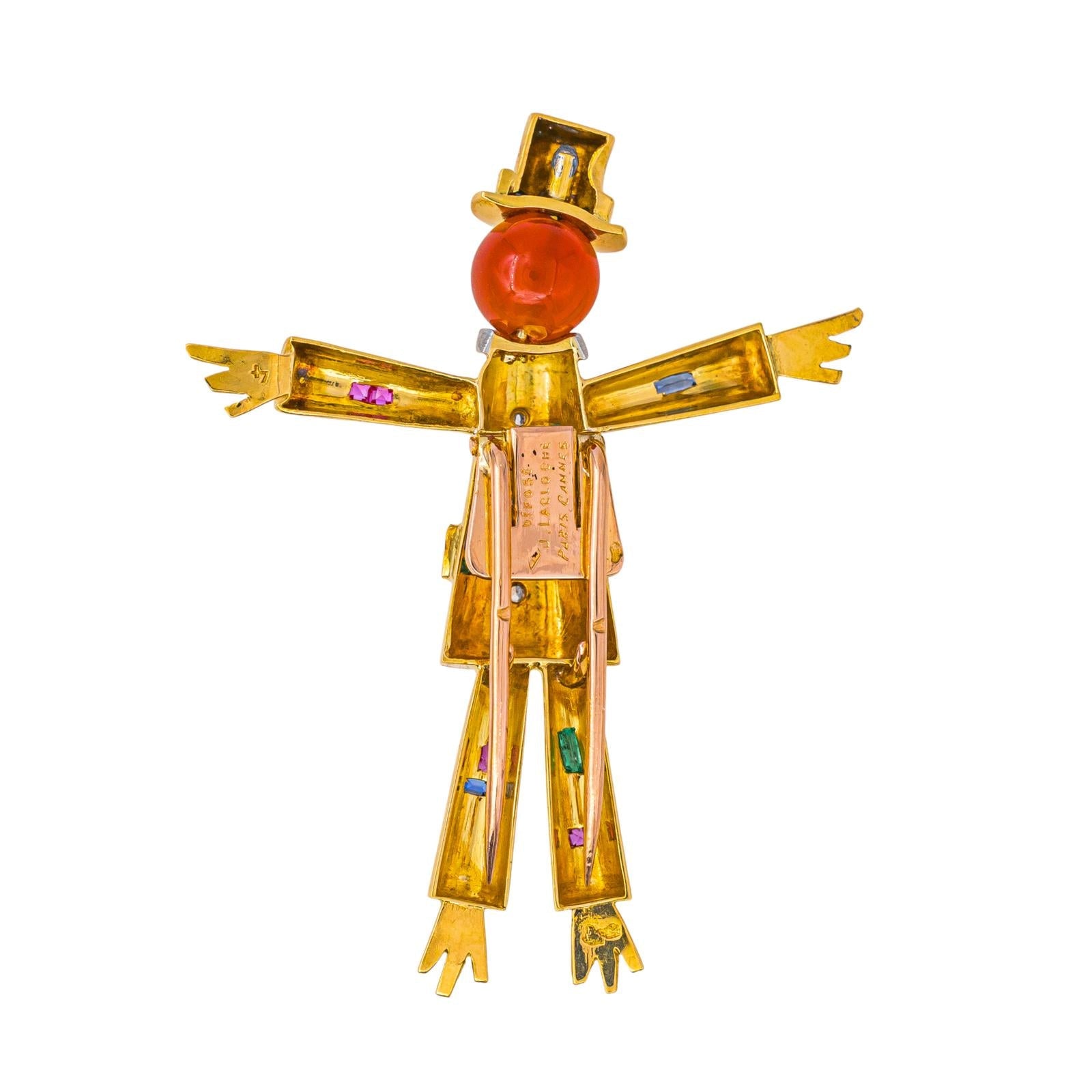 Lacloche Broche Epouvantail Or jaune , Platine Cornaline