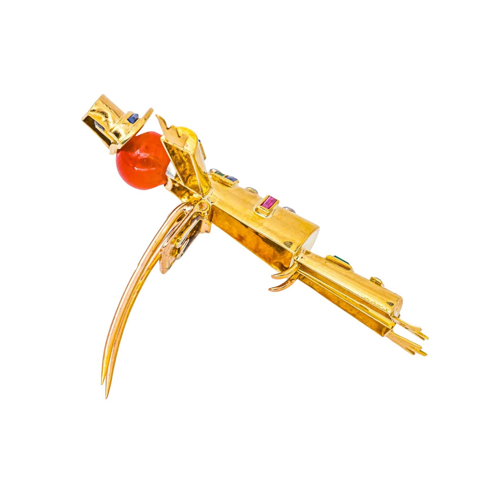 Lacloche Broche Epouvantail Or jaune , Platine Cornaline