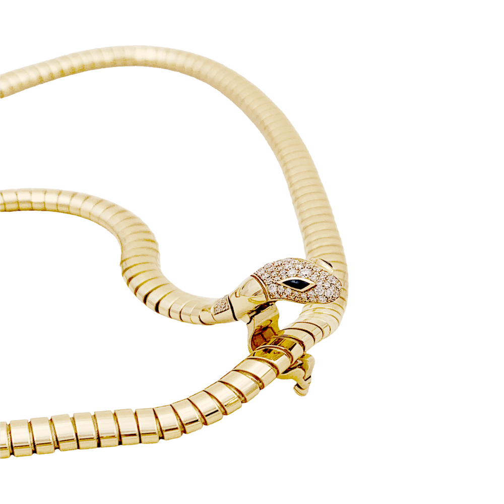 Collier Bulgari, « Serpenti Tubogas », or jaune, diamants, onyx. - Maison Eloe