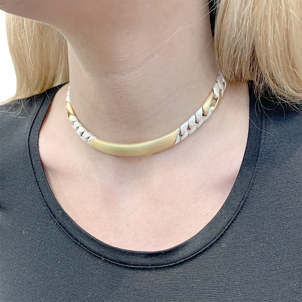 Collier Chaumet, "Gourmette", or jaune, argent.