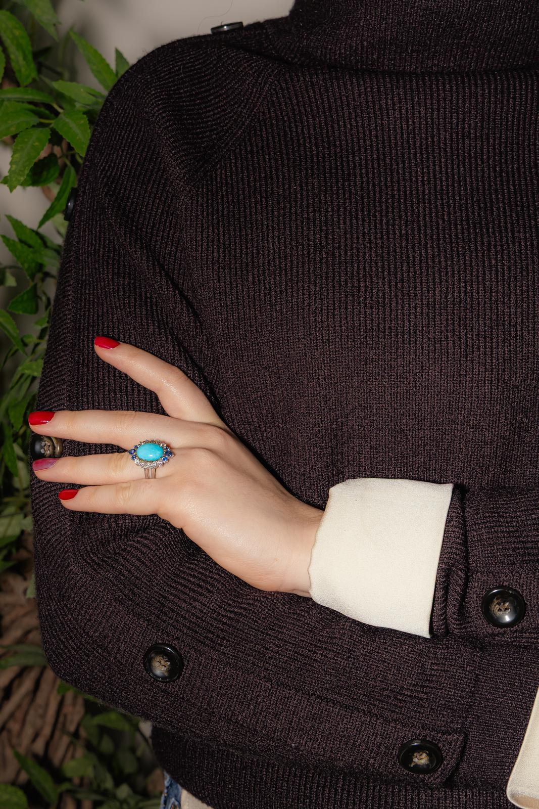 Bague Marquise Or blanc Turquoise, Diamant, Saphir