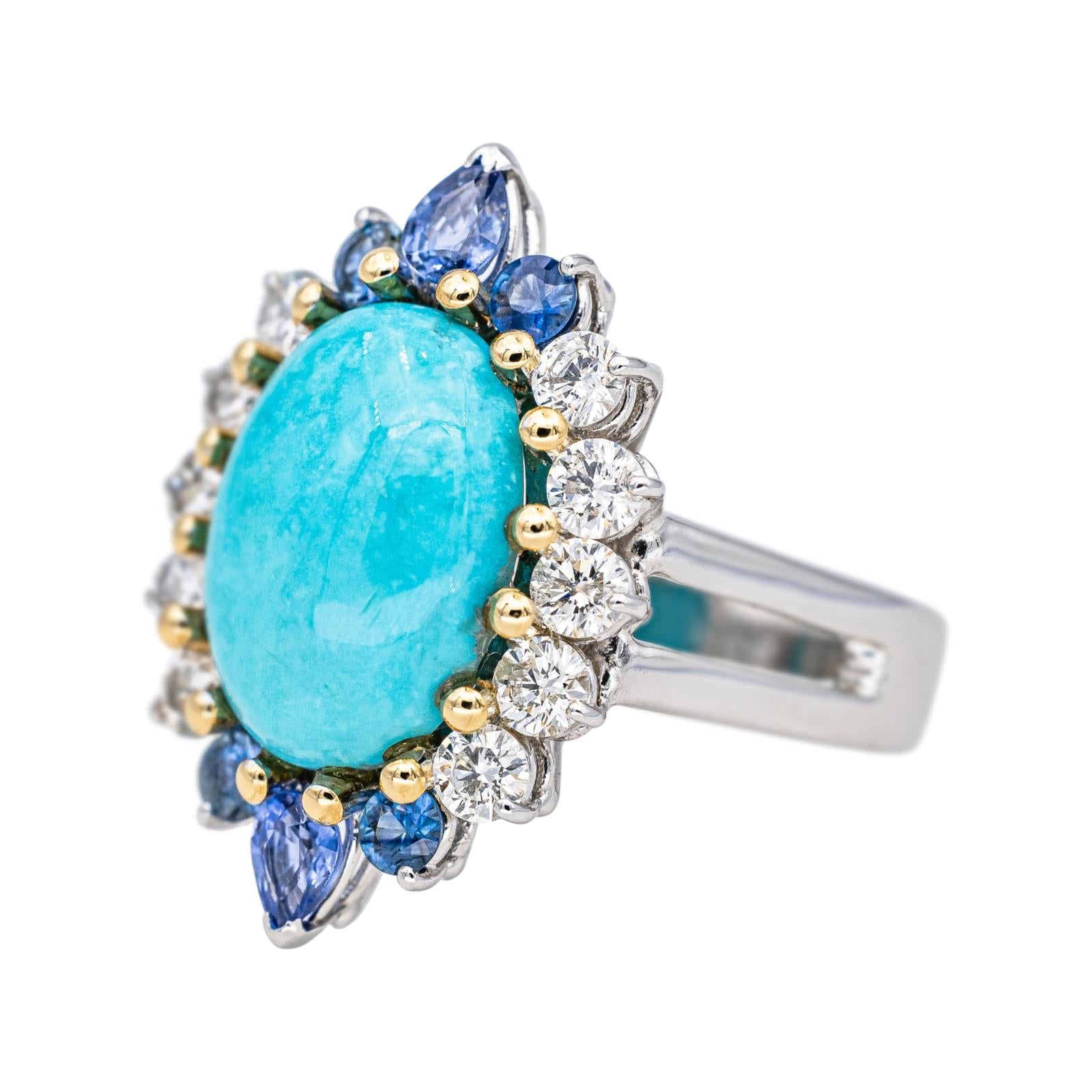 Bague Marquise Or blanc Turquoise, Diamant, Saphir