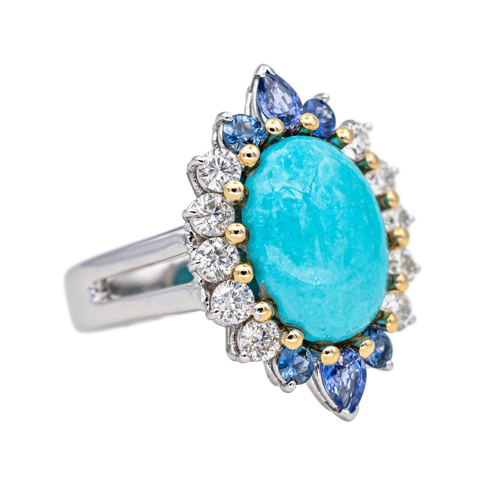 Bague Marquise Or blanc Turquoise, Diamant, Saphir