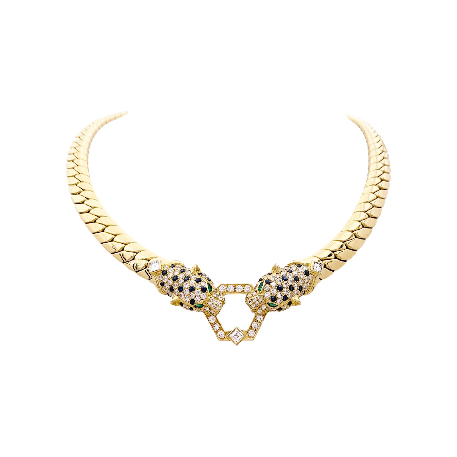 Collier O.J. PERRIN, or jaune, diamants, saphirs et émeraudes.