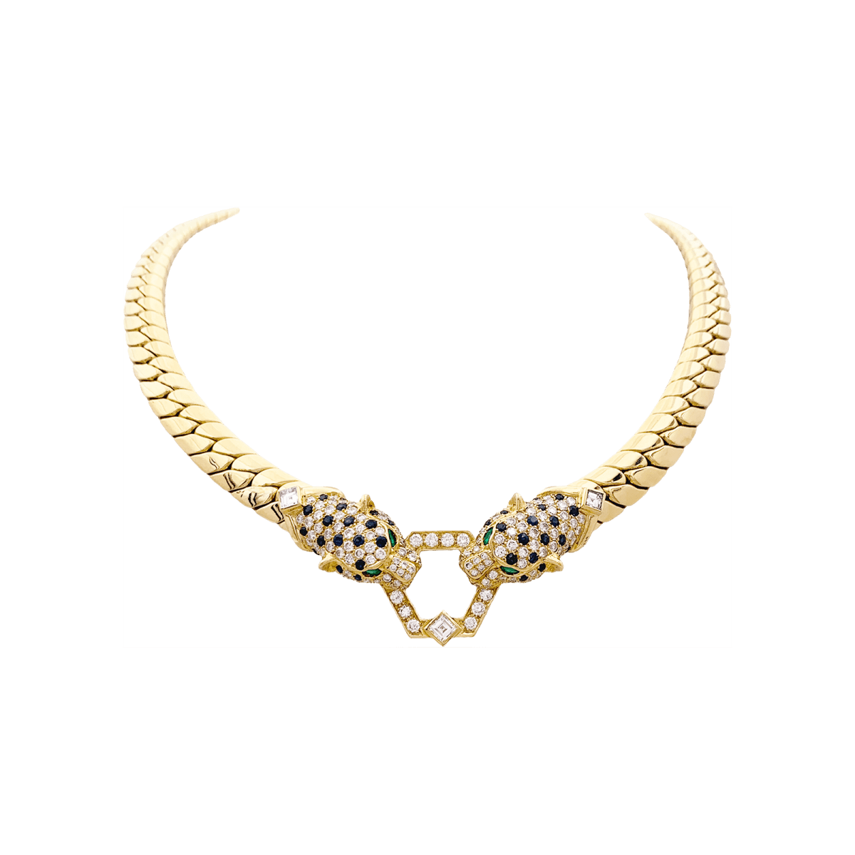 Collier O.J. PERRIN, or jaune, diamants, saphirs et émeraudes. - Maison Eloe