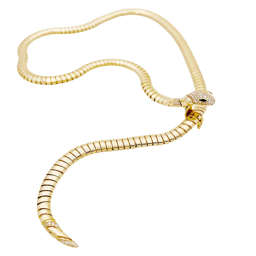 Collier Bulgari, « Serpenti Tubogas », or jaune, diamants, onyx. - Maison Eloe
