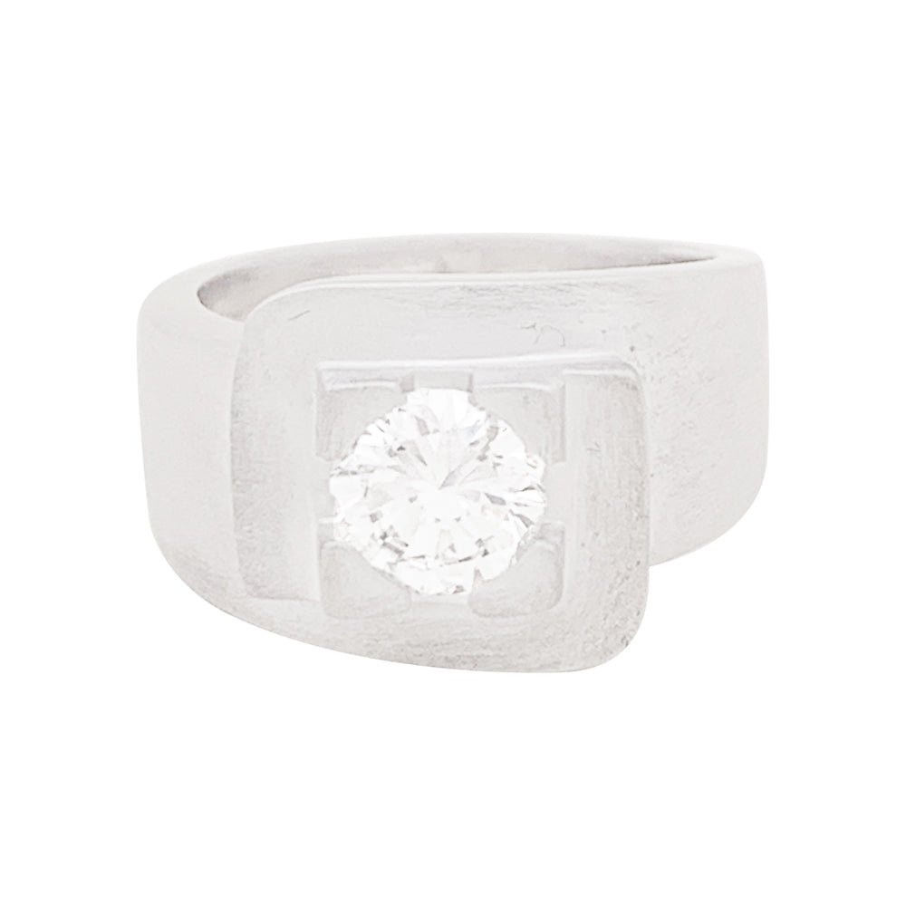 Bague chevalière, or blanc, diamant.