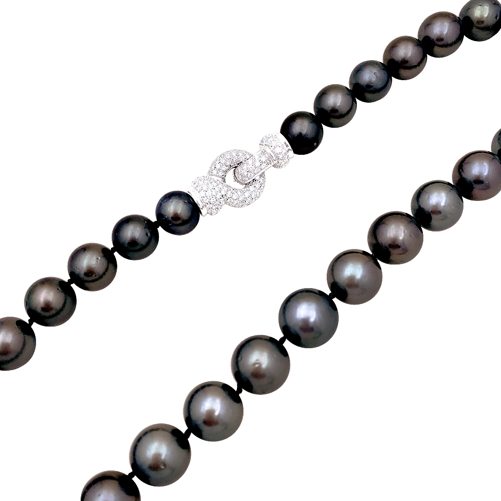 Collier perles de Tahiti, or blanc, diamants. - Maison Eloe