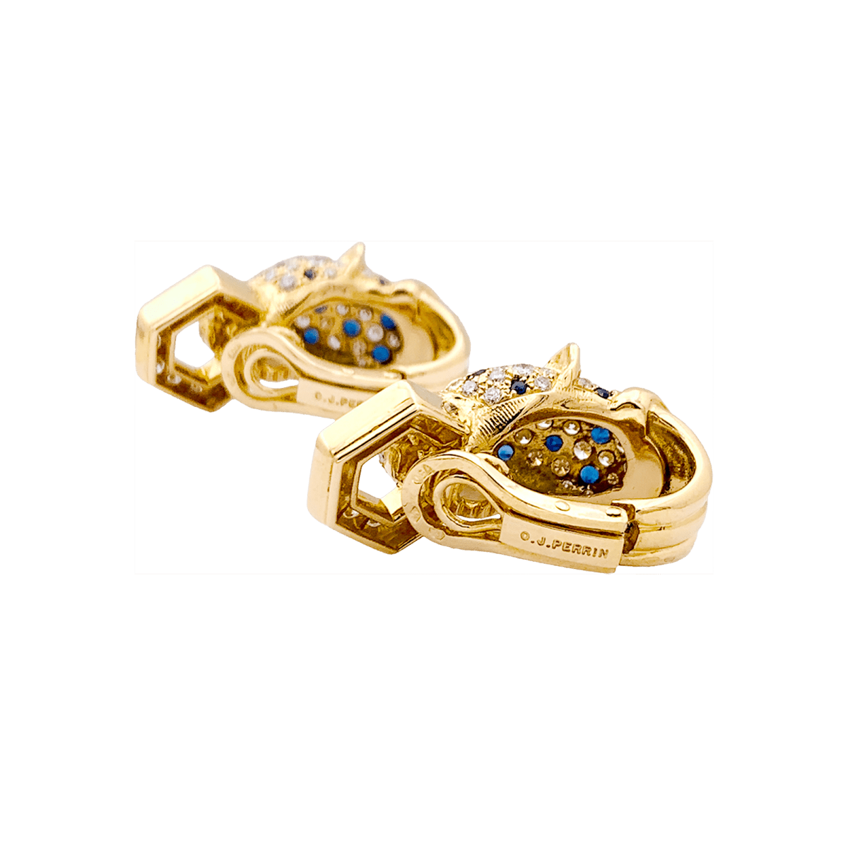 Clips d'oreilles O.J. PERRIN, or jaune, diamants, saphirs et émeraudes. - Maison Eloe