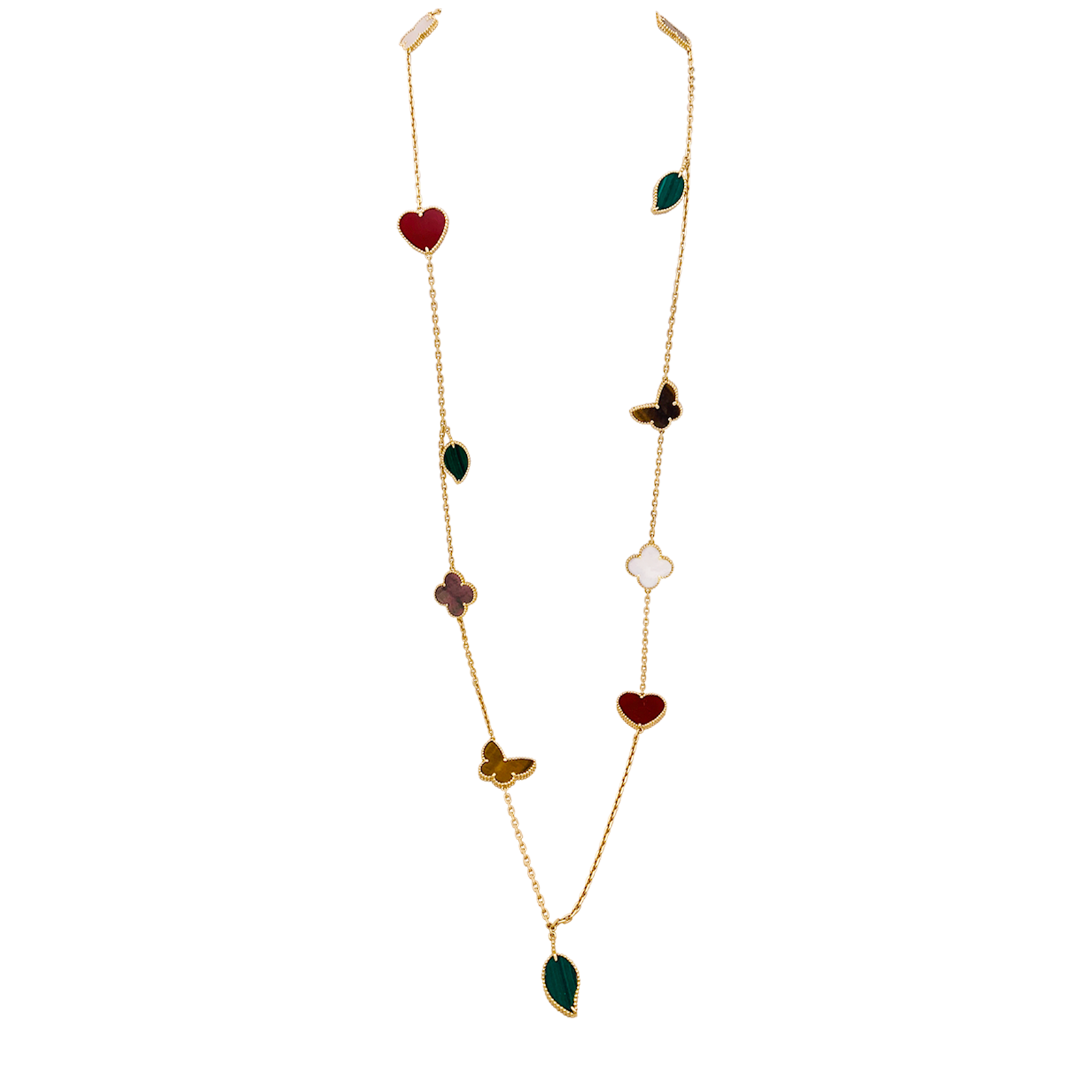 Collier-Sautoir Van Cleef & Arpels, "Lucky Alhambra", or jaune, cornaline, malachite, oeil de tigre, nacre.