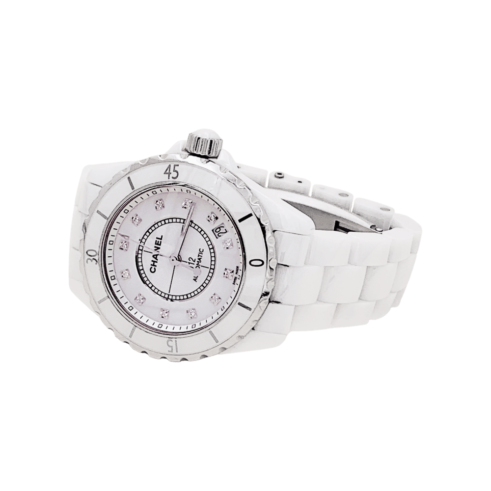 Montre Chanel, "J12", céramique blanche, diamants.