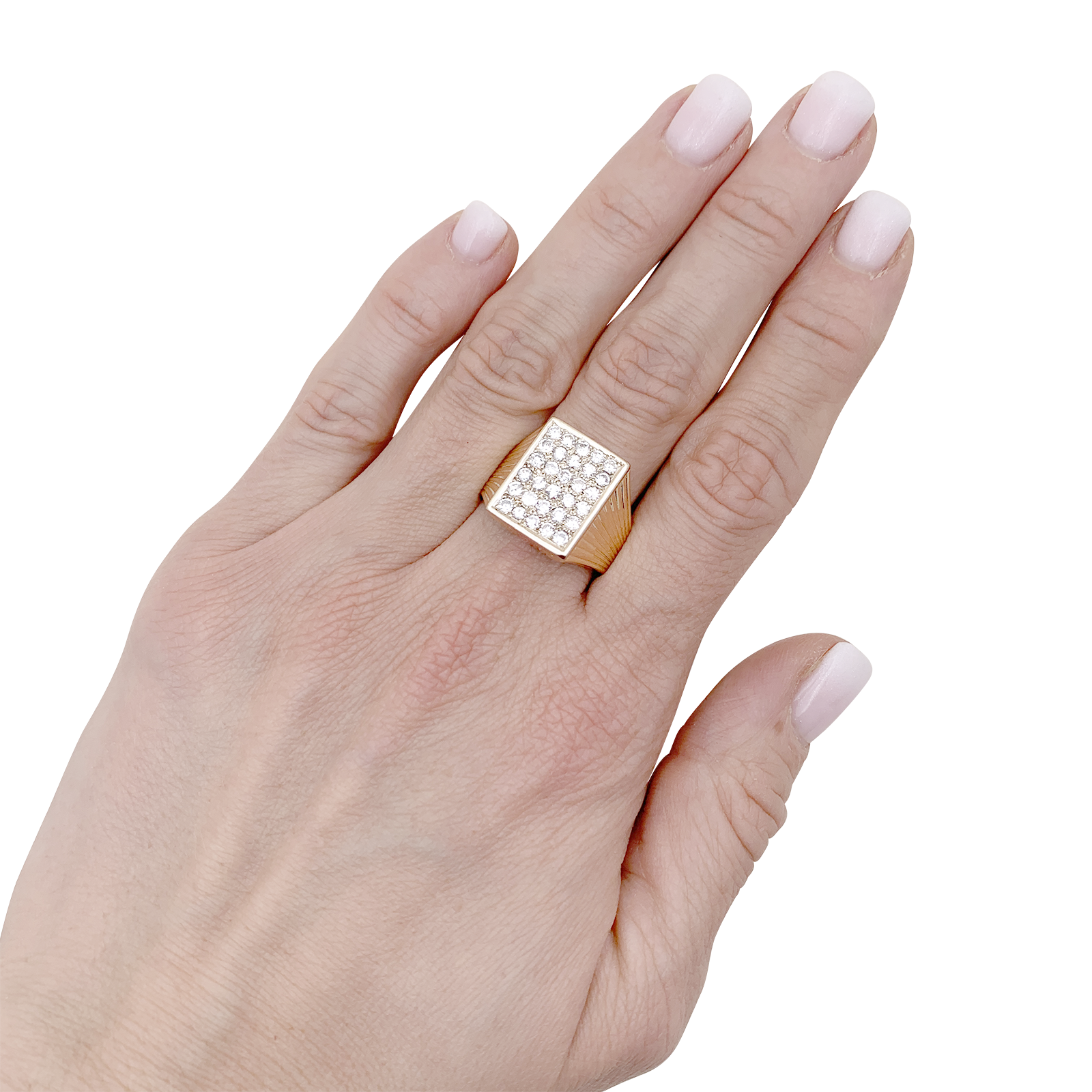 Bague chevalière or jaune, diamants.