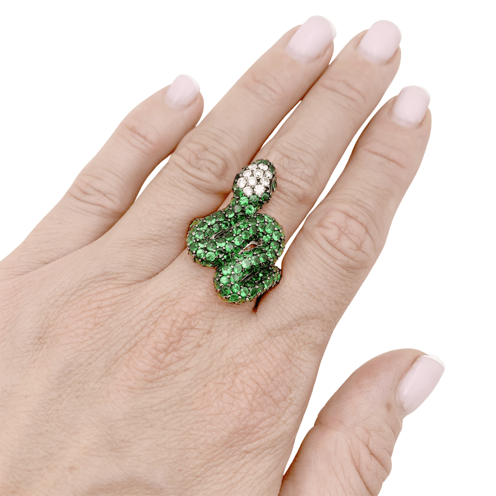 Bague Serpent, or blanc, or noirci, tsavorites et diamants. - Maison Eloe