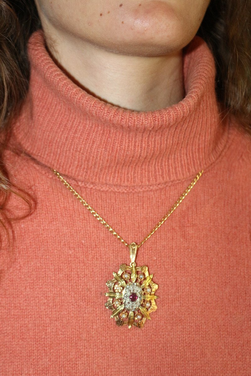 Pendentif Broche ancienne Napoléon III Trois Ors Diamants Grenat - Maison Eloe