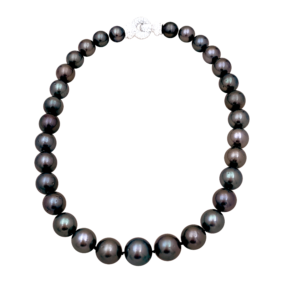 Collier perles de Tahiti, or blanc, diamants. - Maison Eloe