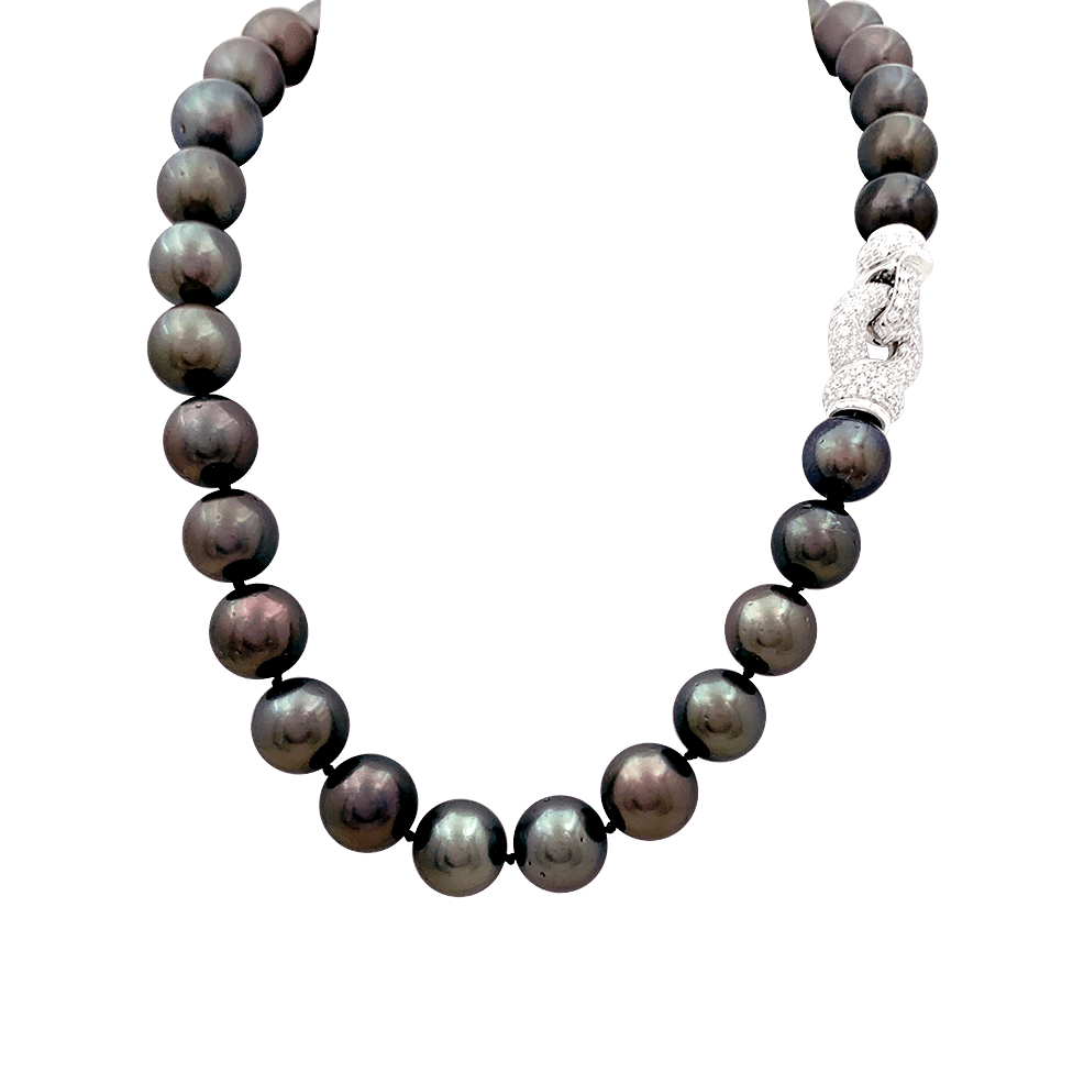 Collier perles de Tahiti, or blanc, diamants. - Maison Eloe